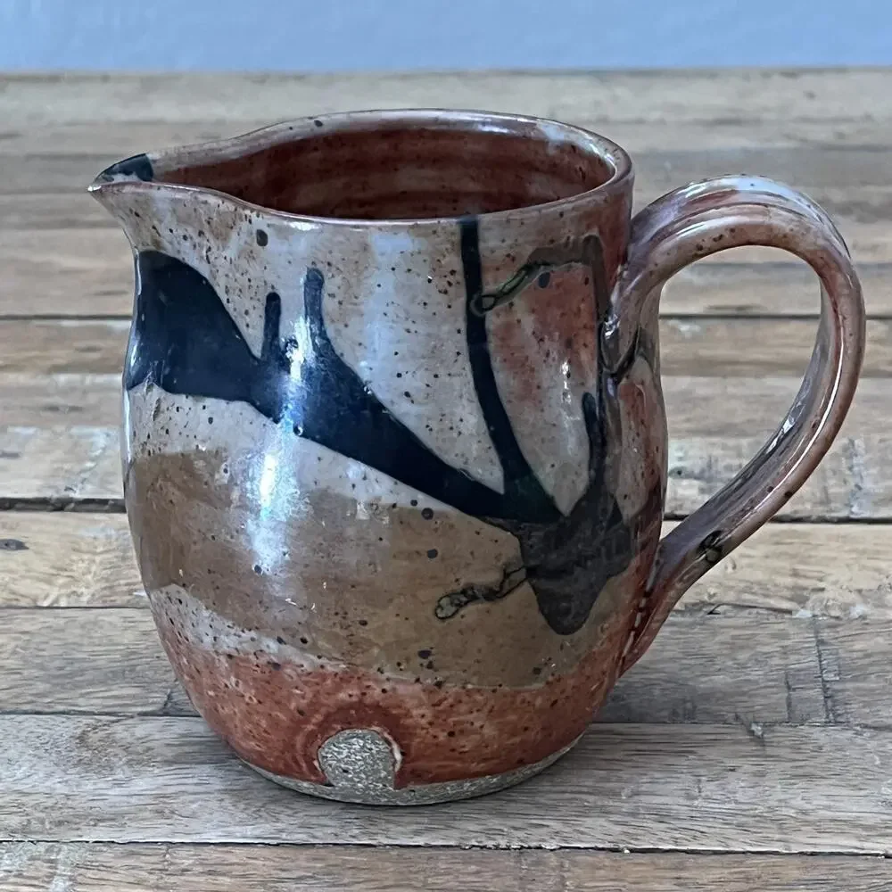 Art Studio Pottery Creamer Pitcher 4.5 in Rustic Texture Orange Tan & Blue Glaze